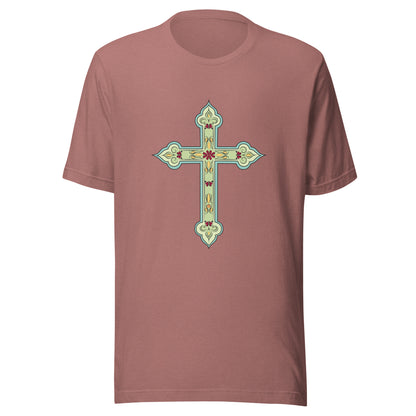Heather mauve short sleeve unisex tee ornately decorated colored Christian Cross. 