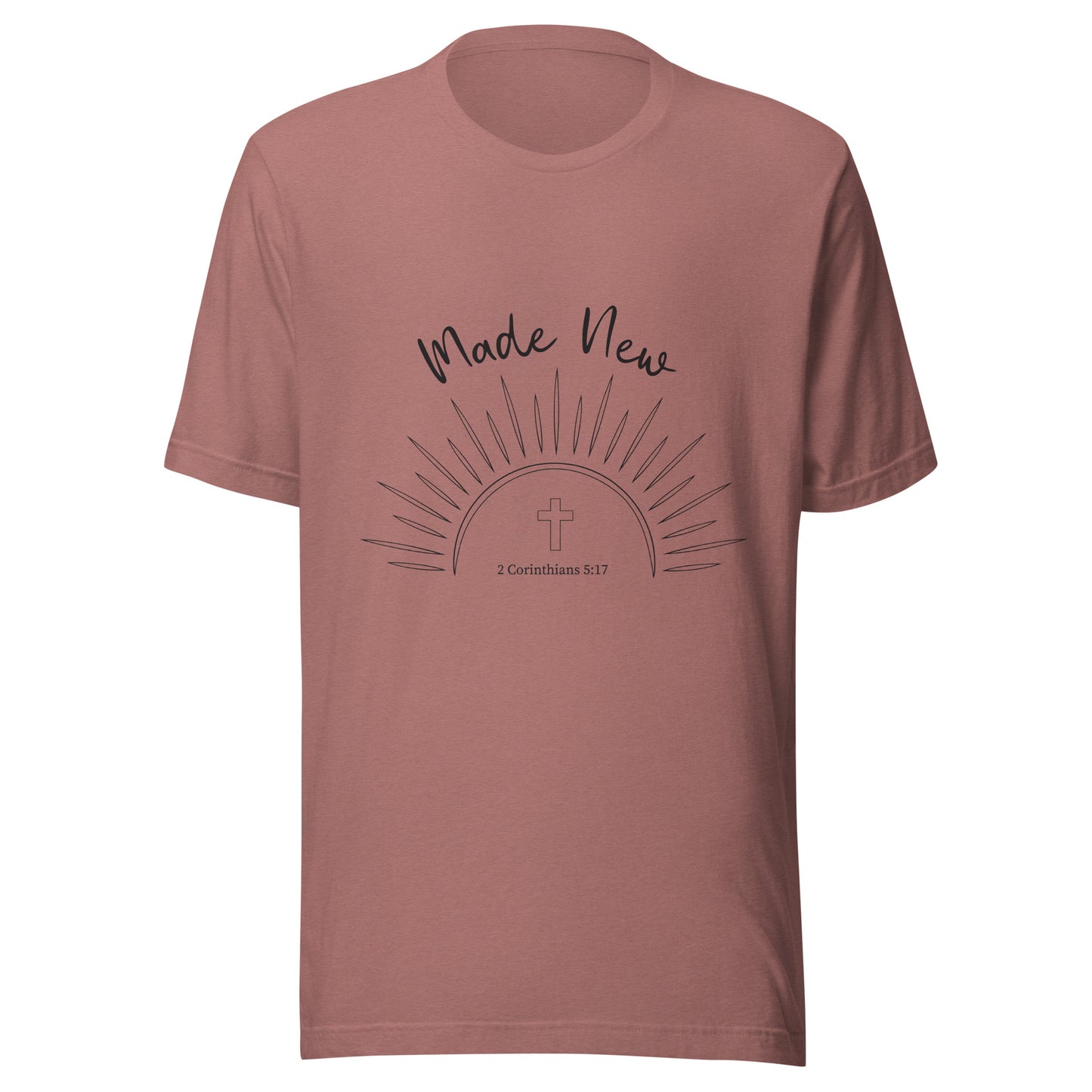 Heather mauve short sleeve unisex t-shirt with a Sun and rays below the words 'Made New' and inside the sun is a cross and 2 Corinthians 5:17.