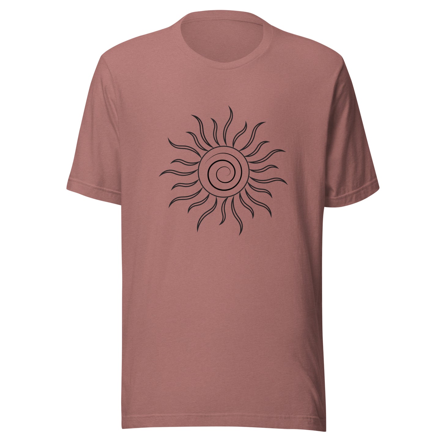 Heather mauve unisex short sleeve t-shirt with spiral sun and black fiery looking rays all black ink.