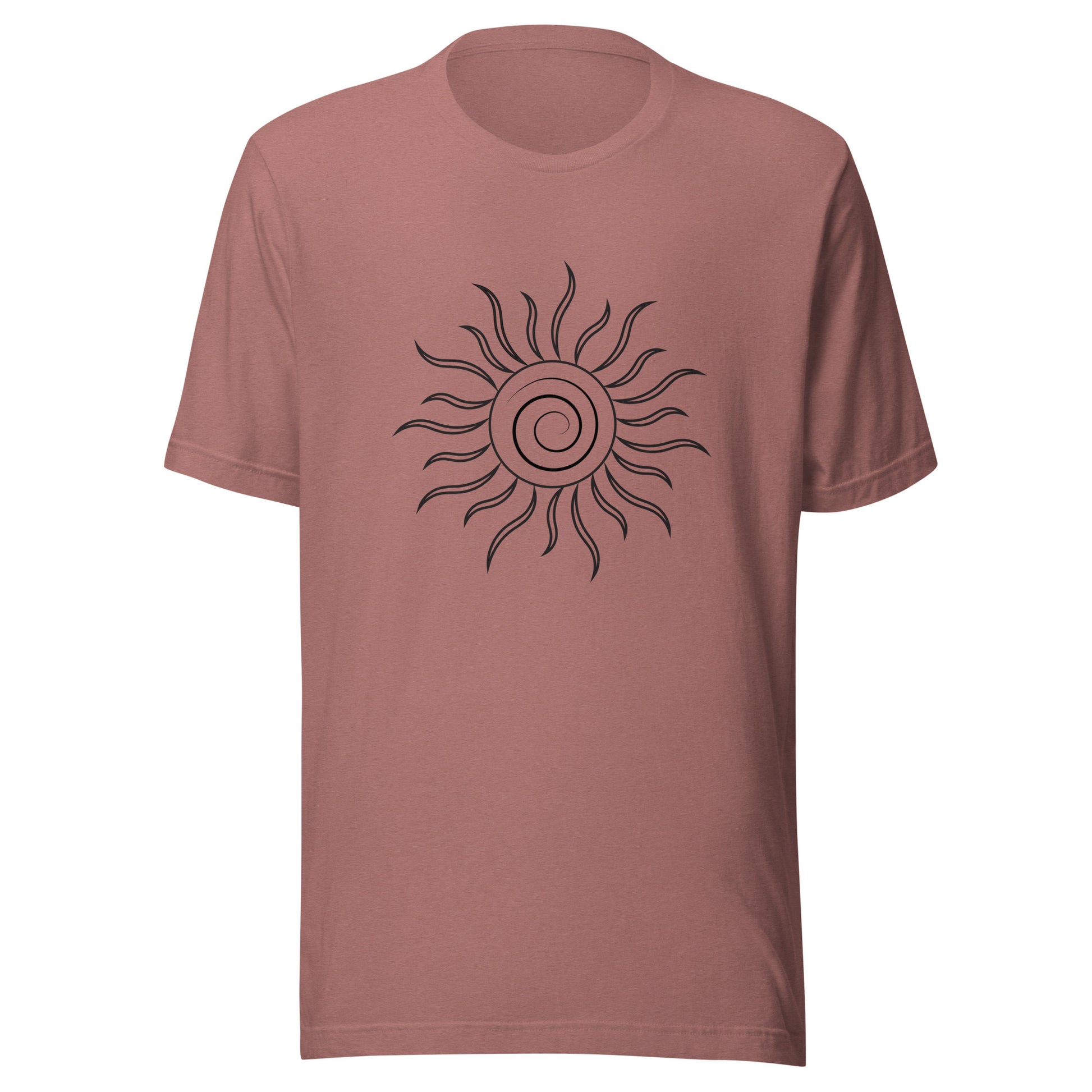 Heather mauve unisex short sleeve t-shirt with spiral sun and black fiery looking rays all black ink.