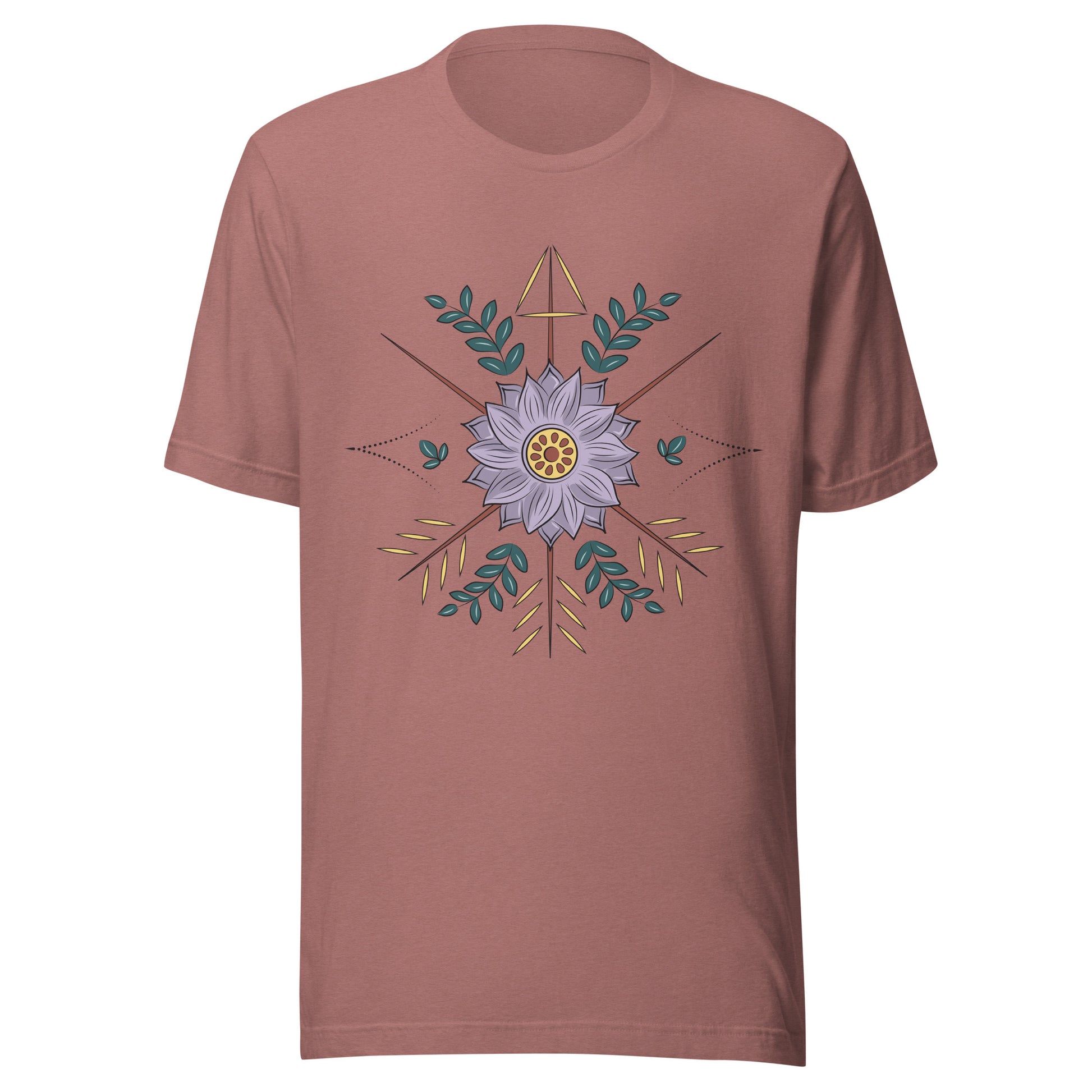 Heather mauve unisex short sleeve t-shirt with a purple flower with arrow surrounding it.