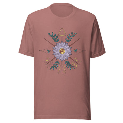 Heather mauve unisex short sleeve t-shirt with a purple flower with arrow surrounding it.