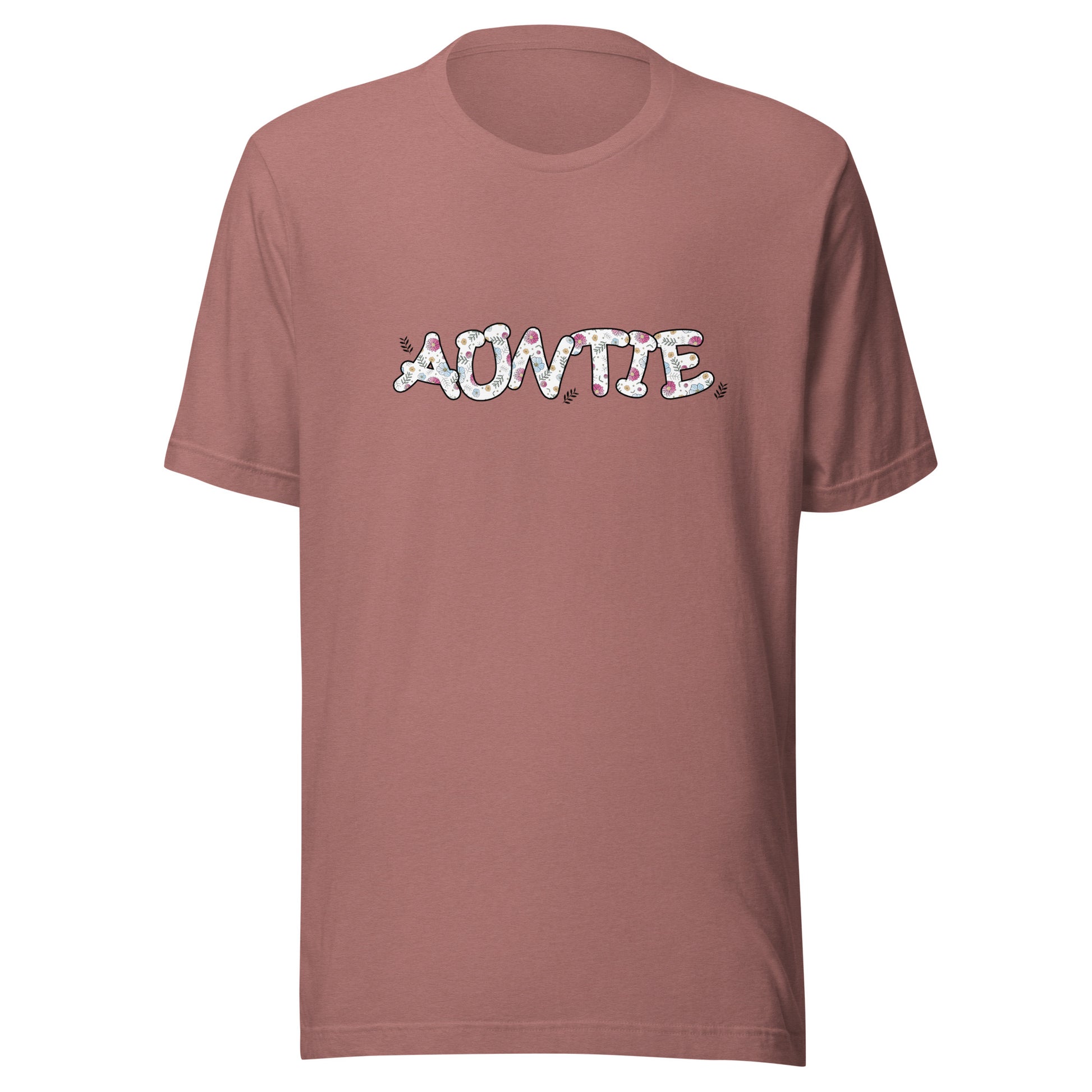 Heather mauve short sleeve unisex t-shirt that says Auntie on the front written in cute font with flowers inside each letter. 