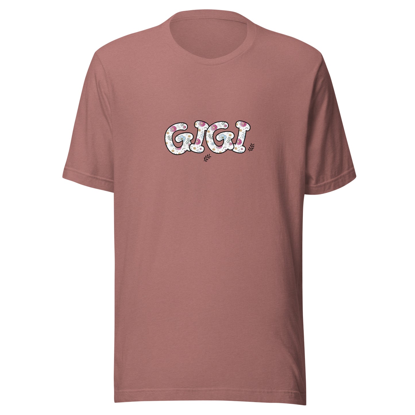Heather mauve short sleeve unisex t-shirt that says Gigi on the front written in cute font with flowers inside each letter. 