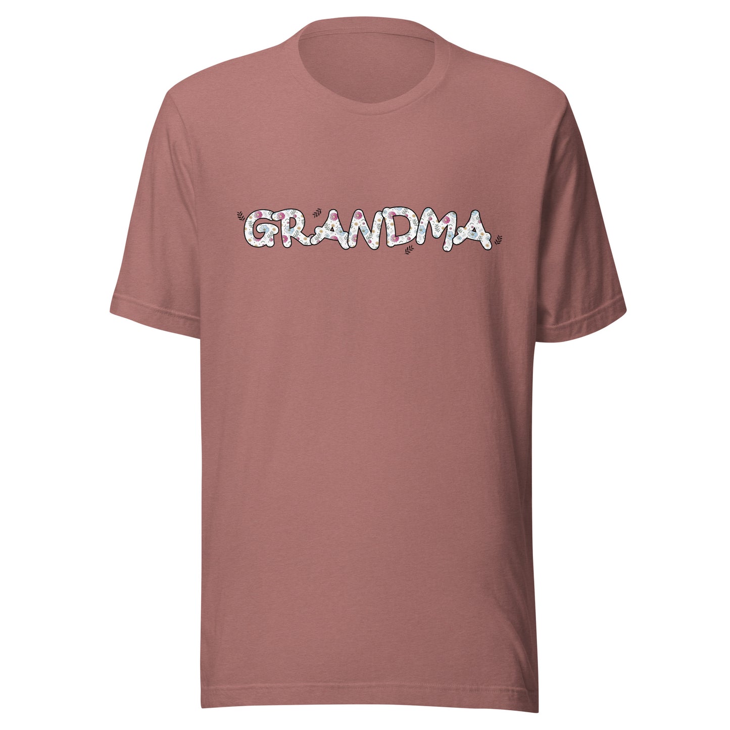 Heather mauve short sleeve unisex t-shirt that says Grandma on the front written in cute font with flowers inside each letter. 