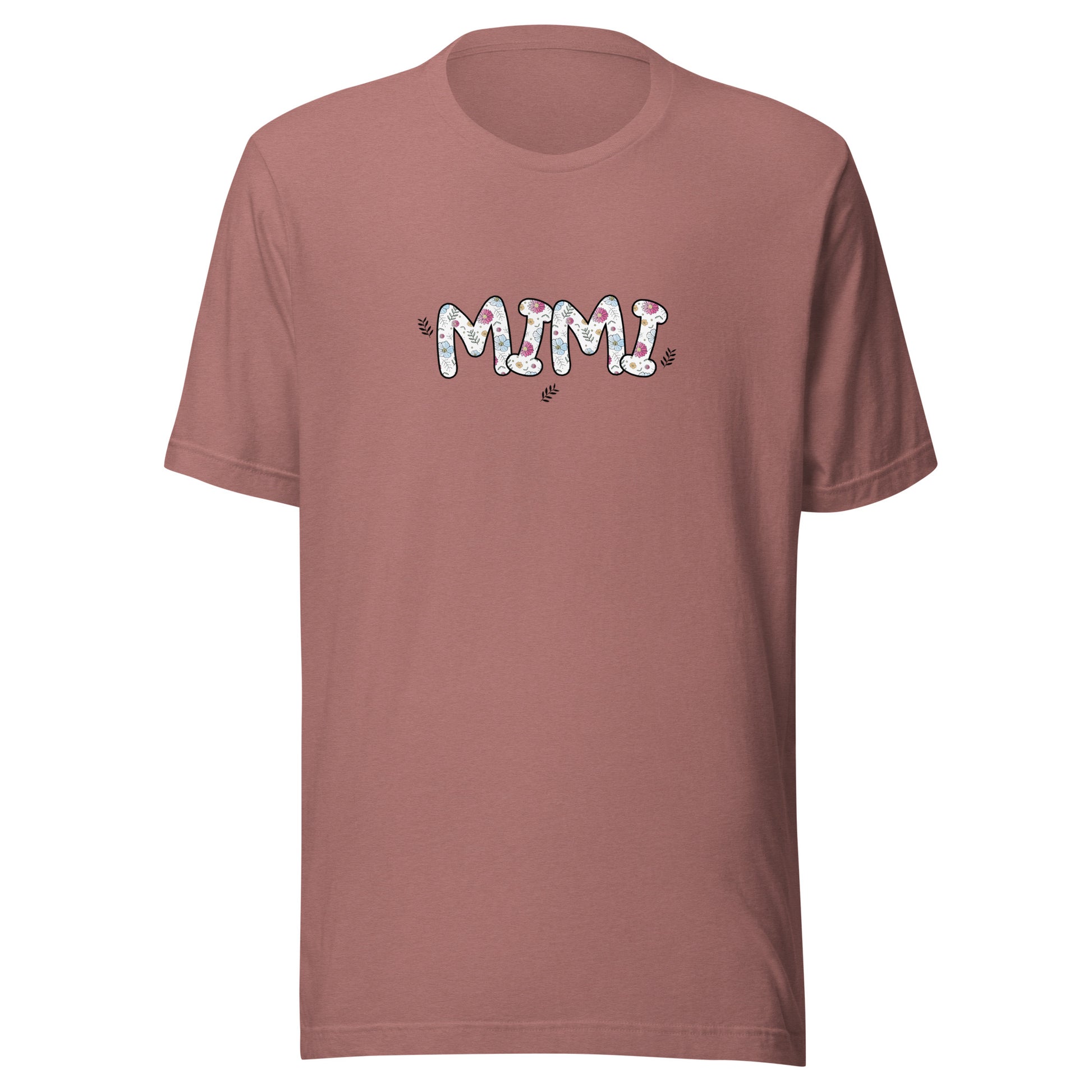 Heather mauve short sleeve unisex t-shirt that says Mimi on the front written in cute font with flowers inside each letter. 