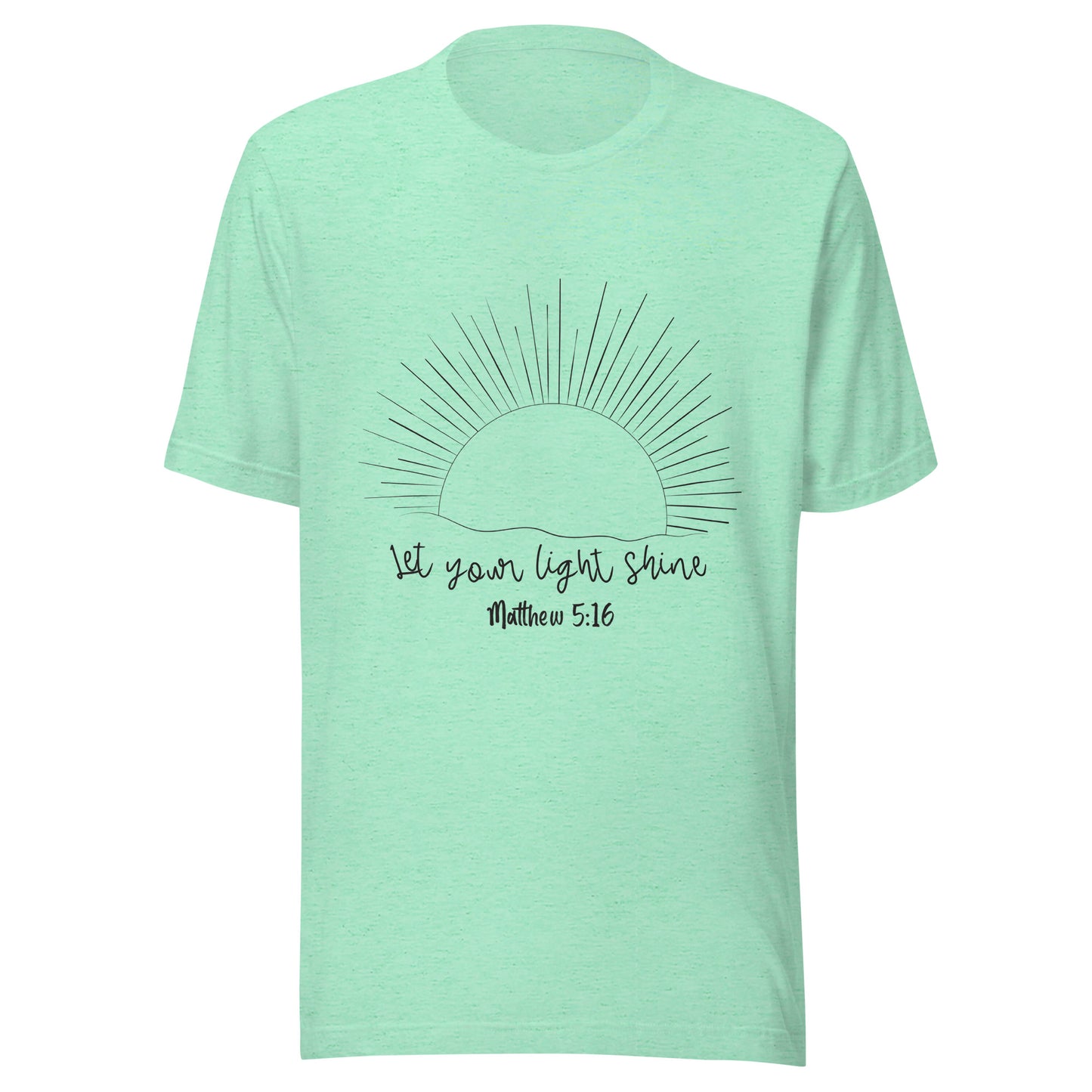 Heather mint unisex short sleeve t-shirt that has a sun with many rays and underneath says 'Let your light shine', Matthew 5:16.