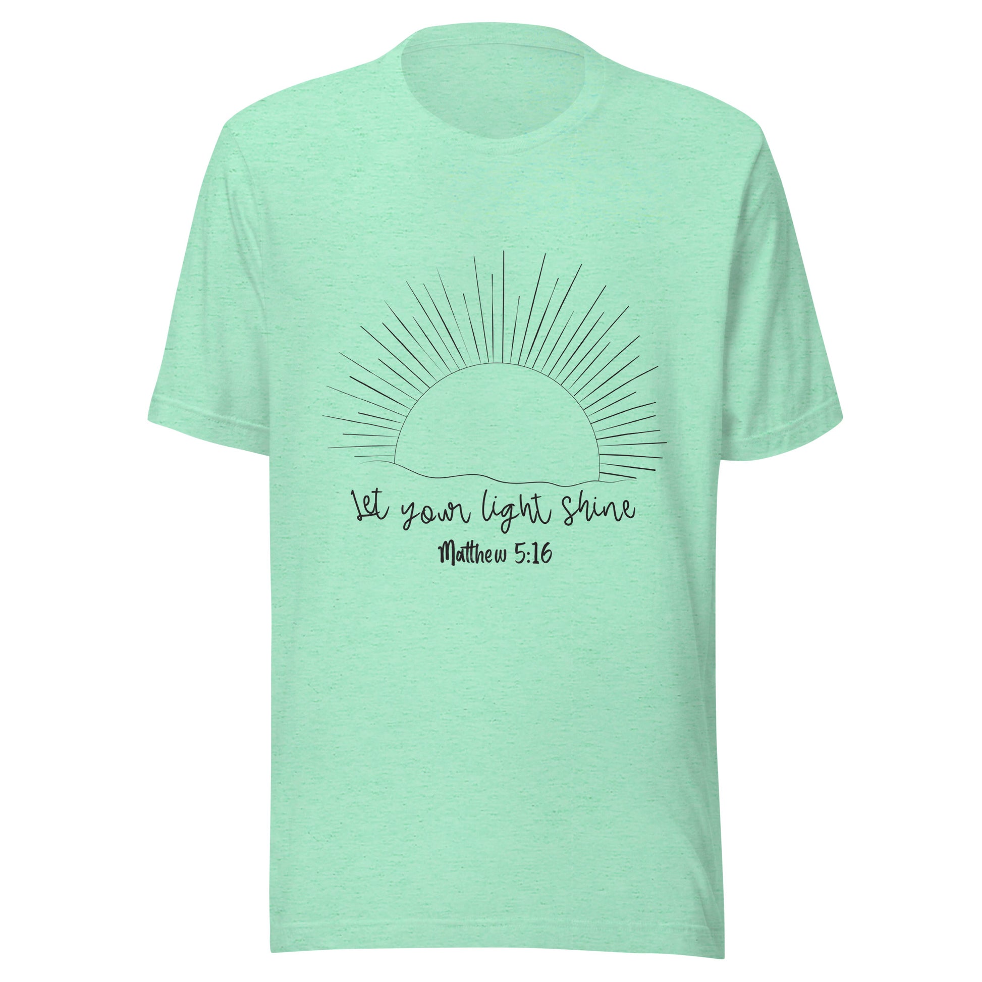 Heather mint unisex short sleeve t-shirt that has a sun with many rays and underneath says 'Let your light shine', Matthew 5:16.