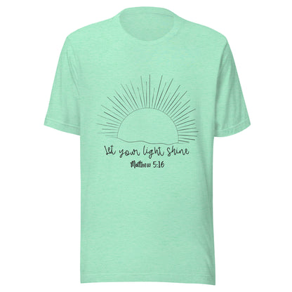 Heather mint unisex short sleeve t-shirt that has a sun with many rays and underneath says 'Let your light shine', Matthew 5:16.