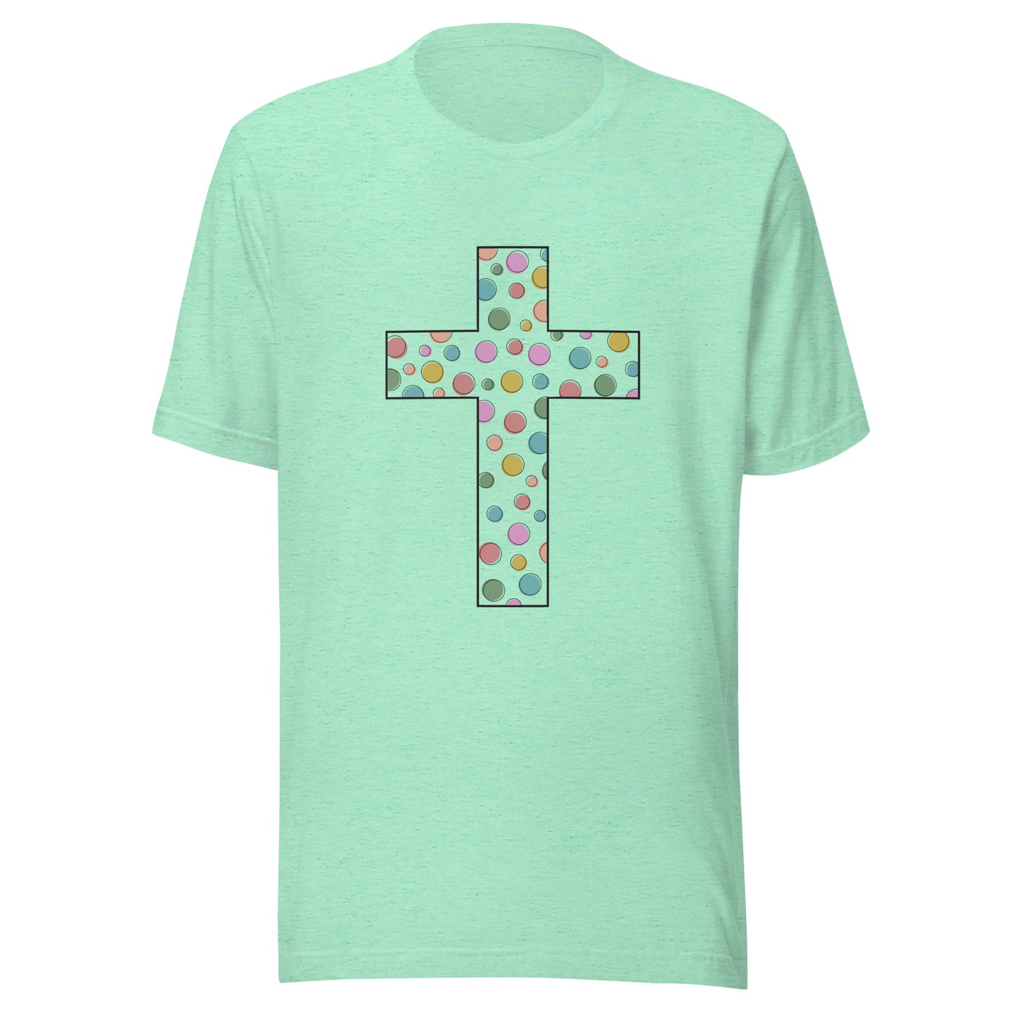 Heather mint unisex short sleeve t-shirt that has a cute multi-colored polka dot cross on the front. 