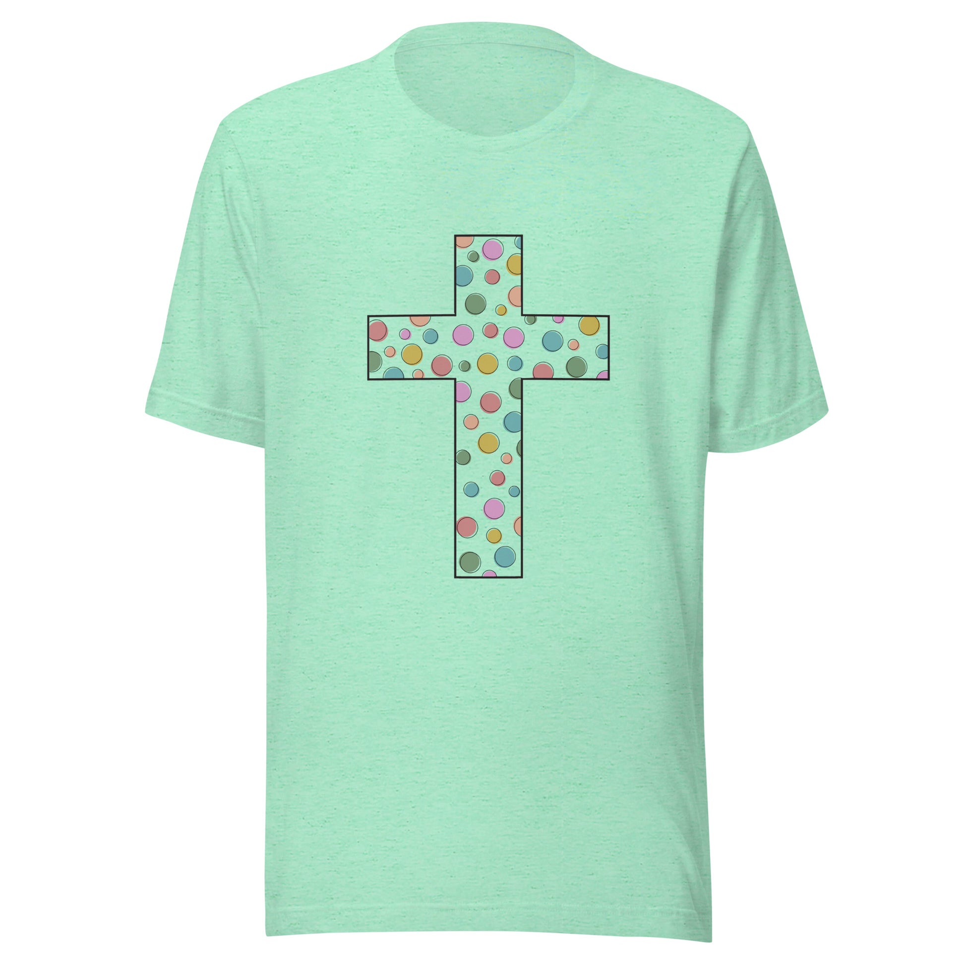Heather mint unisex short sleeve t-shirt that has a cute multi-colored polka dot cross on the front. 