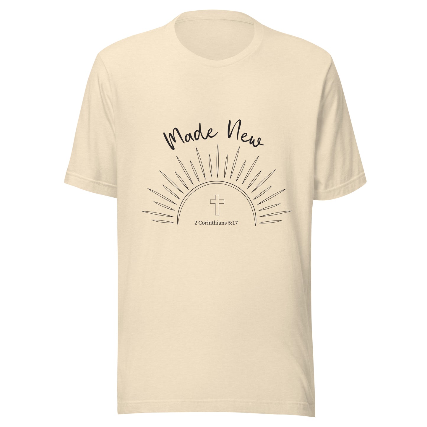 Heather natural short sleeve unisex t-shirt with a Sun and rays below the words 'Made New' and inside the sun is a cross and 2 Corinthians 5:17.