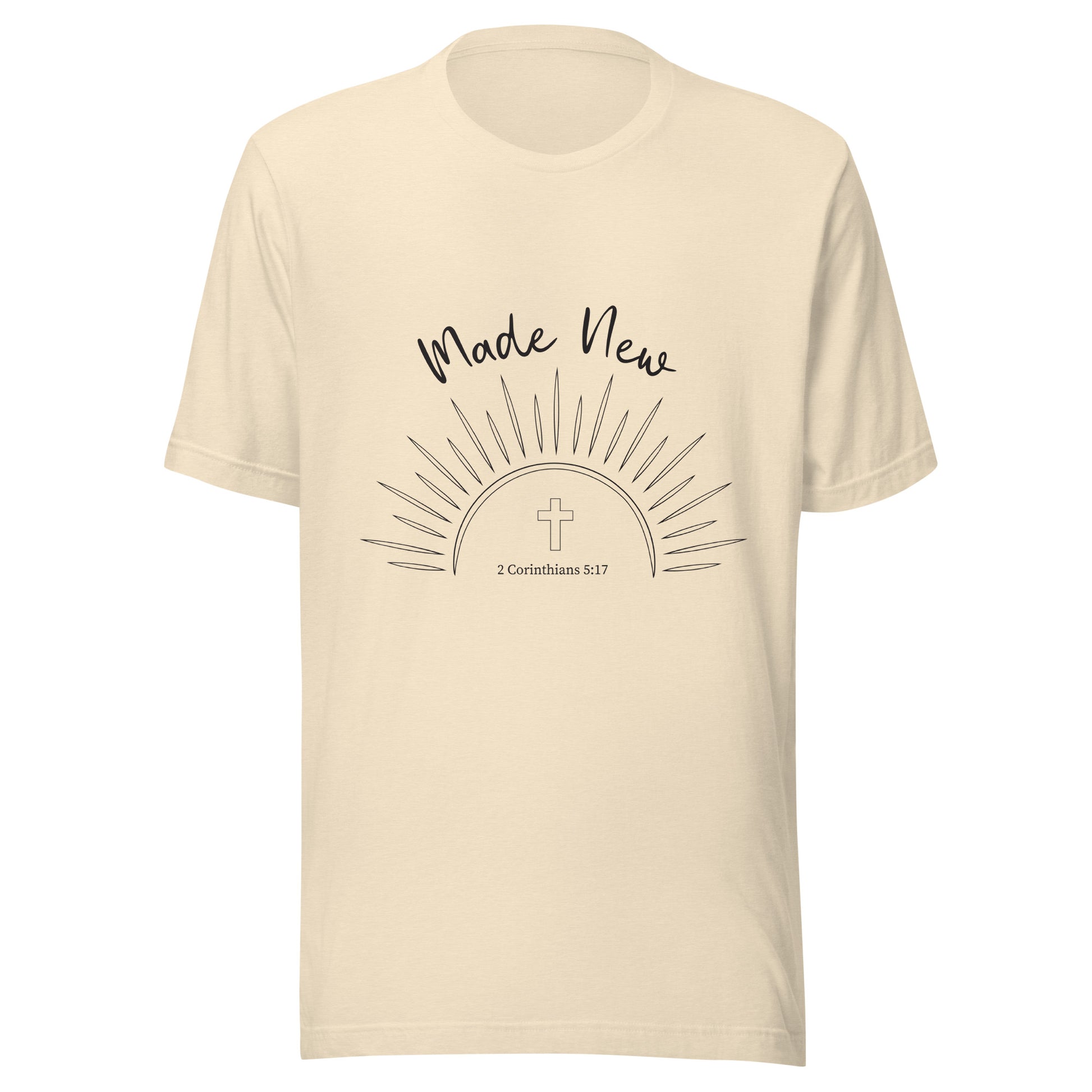 Heather natural short sleeve unisex t-shirt with a Sun and rays below the words 'Made New' and inside the sun is a cross and 2 Corinthians 5:17.