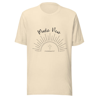 Heather natural short sleeve unisex t-shirt with a Sun and rays below the words 'Made New' and inside the sun is a cross and 2 Corinthians 5:17.