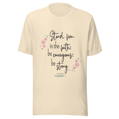 Heather natural unisex short sleeve tee that has 1 Corinthians 16:13 with six small pink flowers.