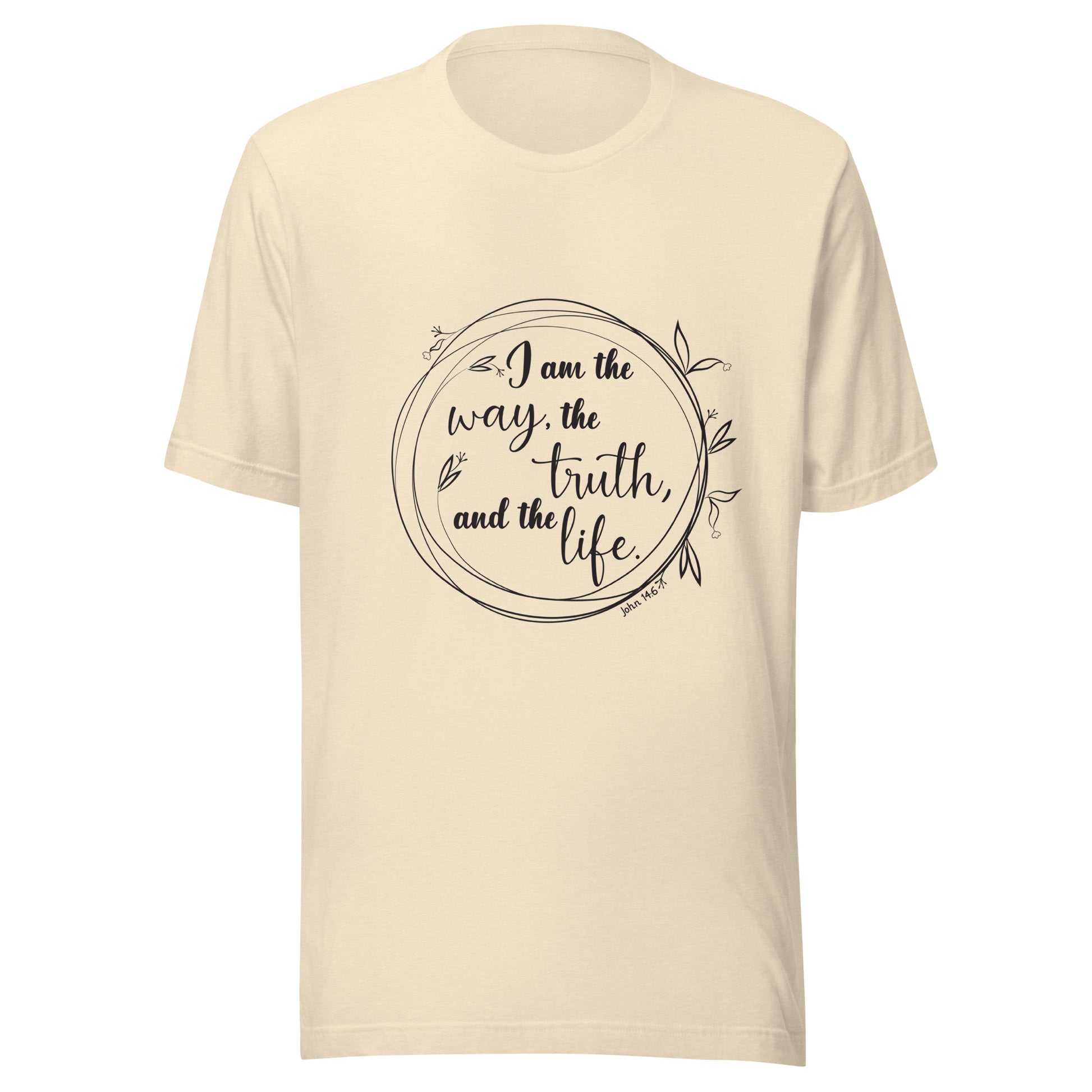 Heather natural unisex short sleeve t-shirt with John 14:6 scripture written in a viney circle.