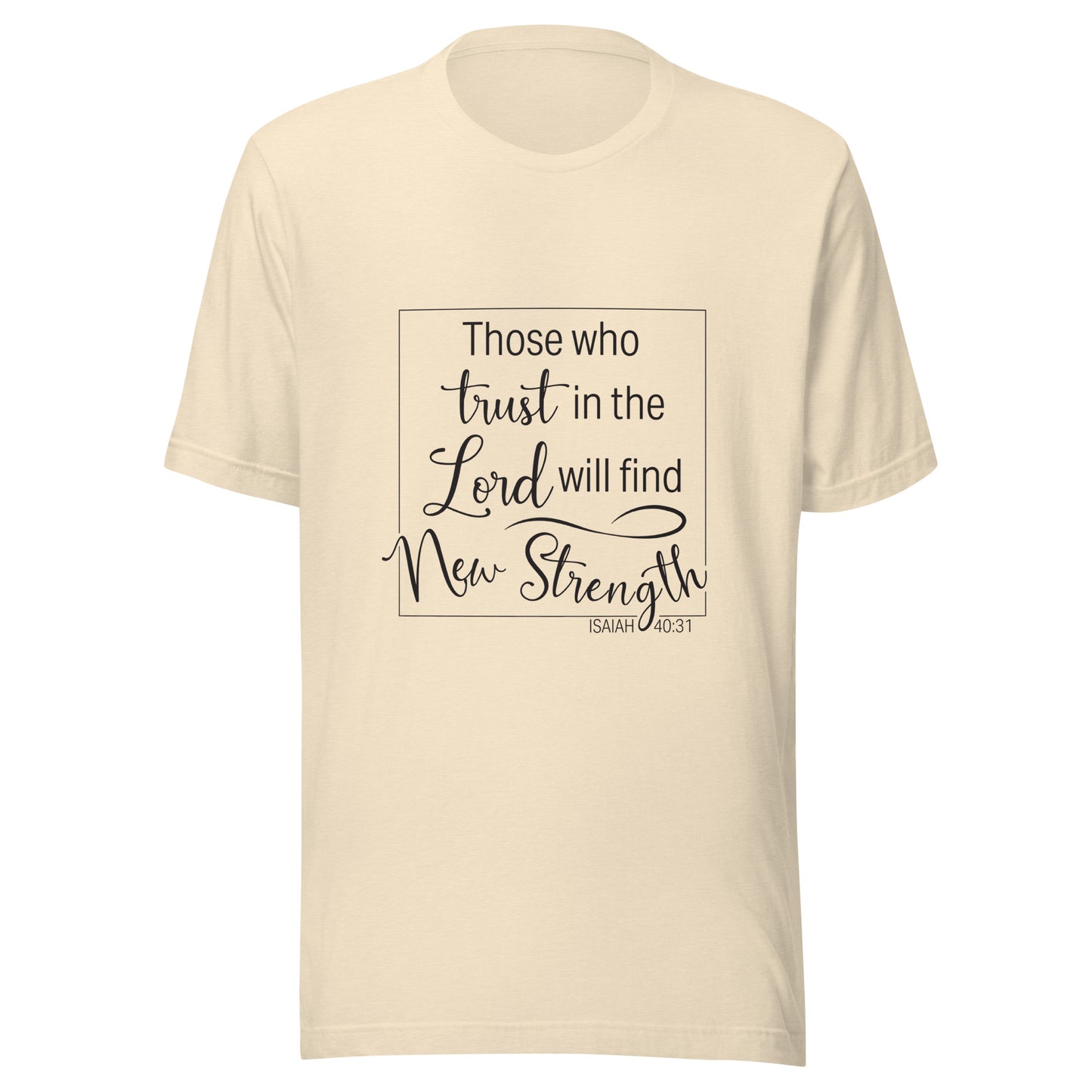 Heather natural unisex short sleeve t-shirt with Isaiah 40:31 scripture written in a square.