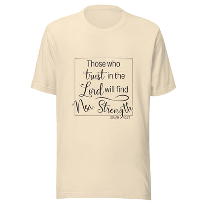 Heather natural unisex short sleeve t-shirt with Isaiah 40:31 scripture written in a square.