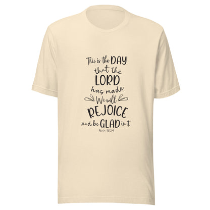 Heather natural unisex short sleeve t-shirt with Psalm 118:24 scripture with a vine up one side of the words.