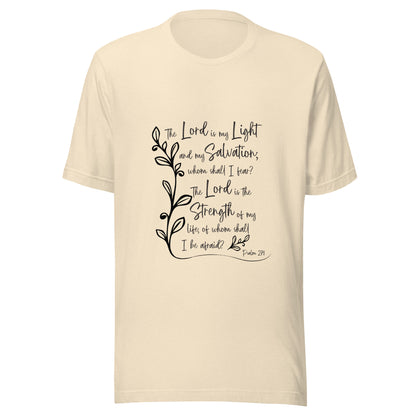Heather natural unisex short sleeve t-shirt with Psalm 27:1 scripture with a vine up one side of the words.