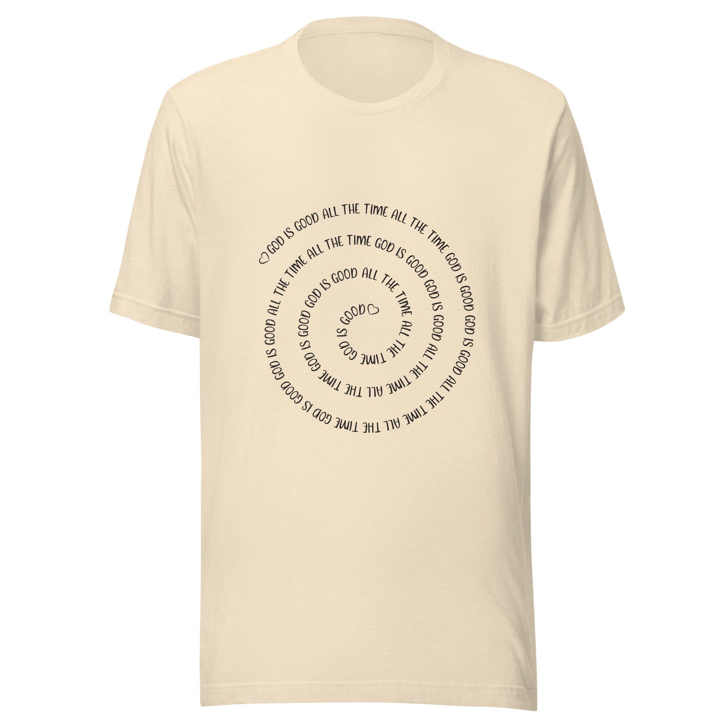Heather natural unisex short sleeve t-shirt that has a spiral of the words 'God is good all the time all the time God is good', with two small hearts one at the start of the spiral and one at the end in the middle.