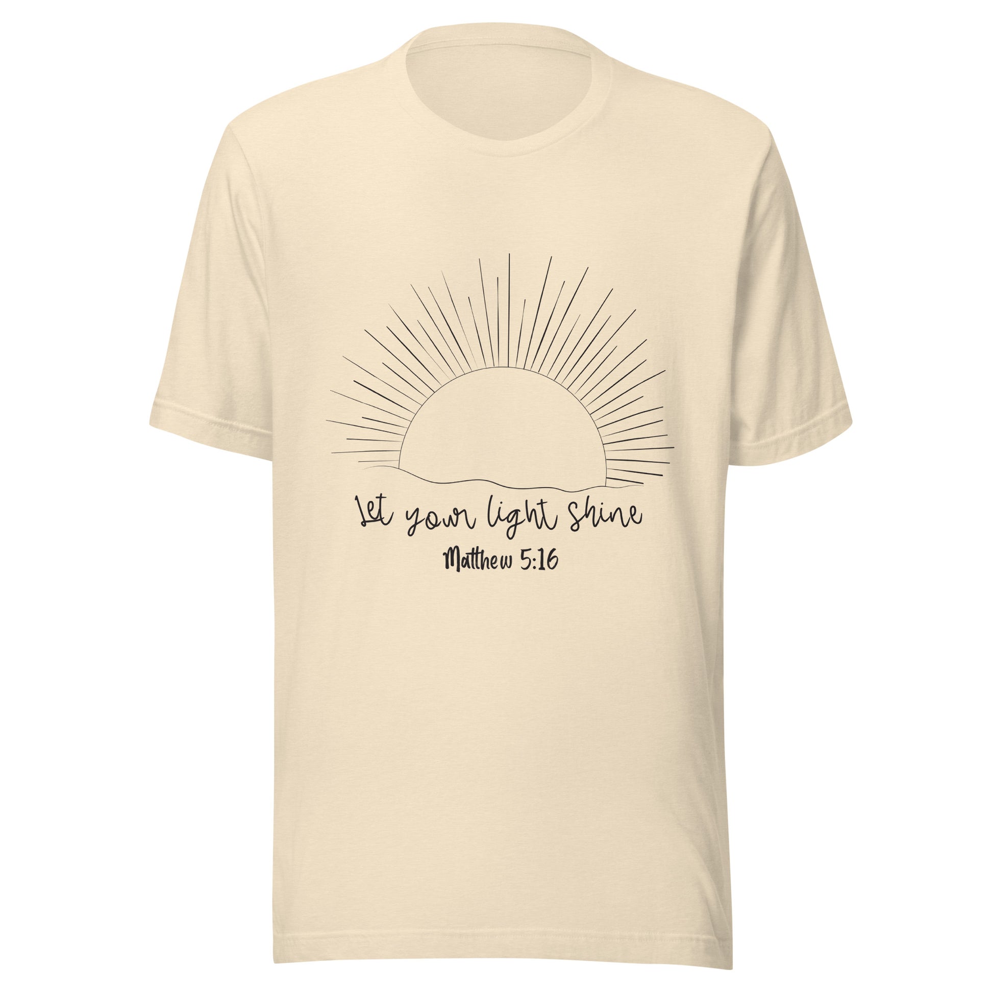 Heather natural unisex short sleeve t-shirt that has a sun with many rays and underneath says 'Let your light shine', Matthew 5:16.