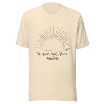 Heather natural unisex short sleeve t-shirt that has a sun with many rays and underneath says 'Let your light shine', Matthew 5:16.