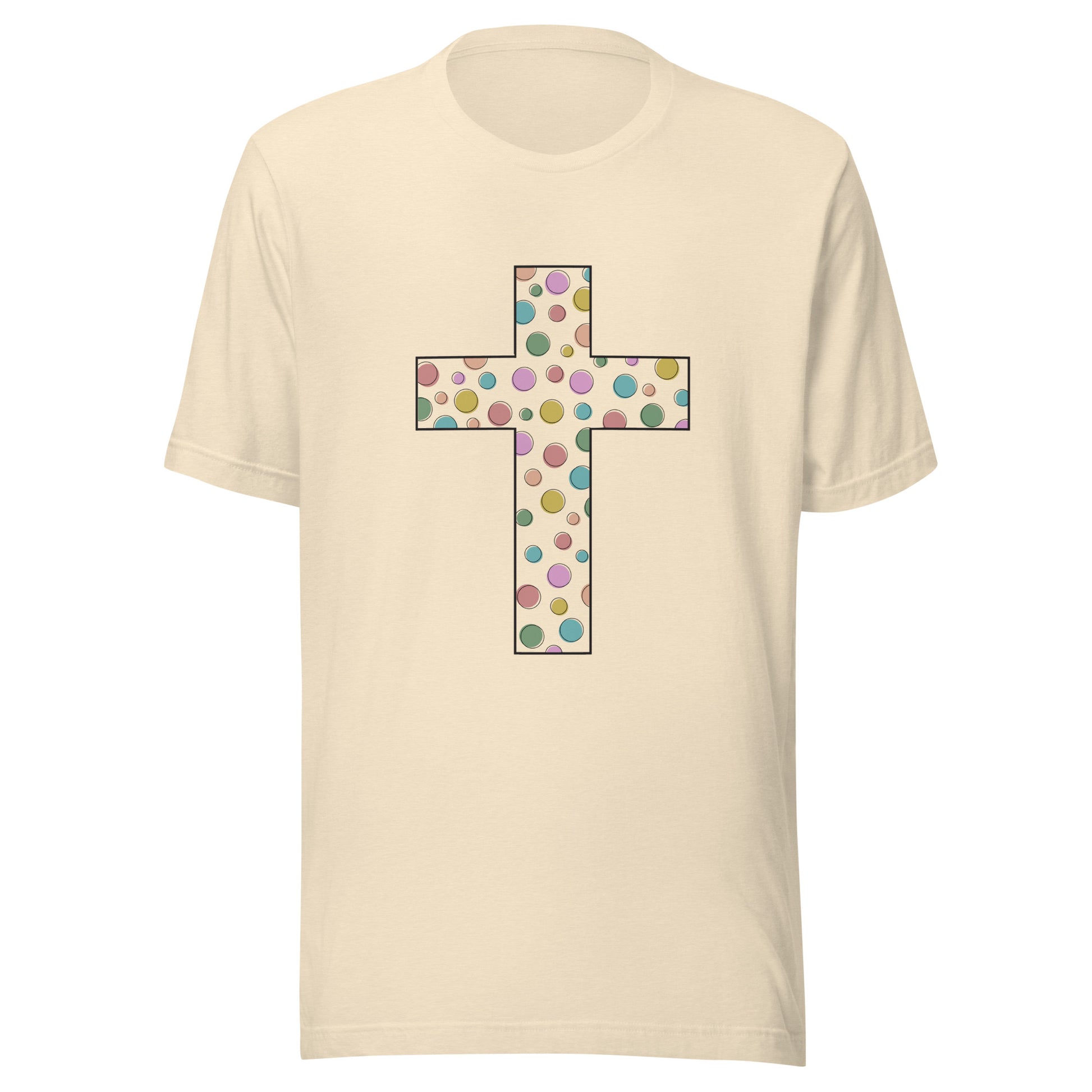 Heather natural unisex short sleeve t-shirt that has a multi-colored polka dot cute cross on the front. 