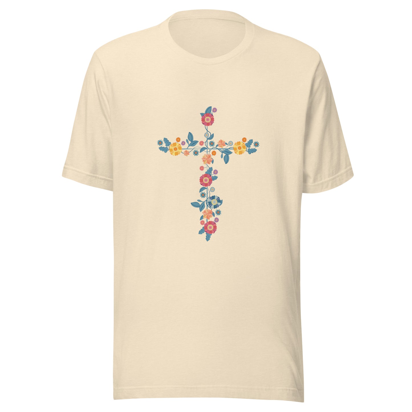 Heather natural unisex short sleeve t-shirt that has a multi-colored delicate floral cross.