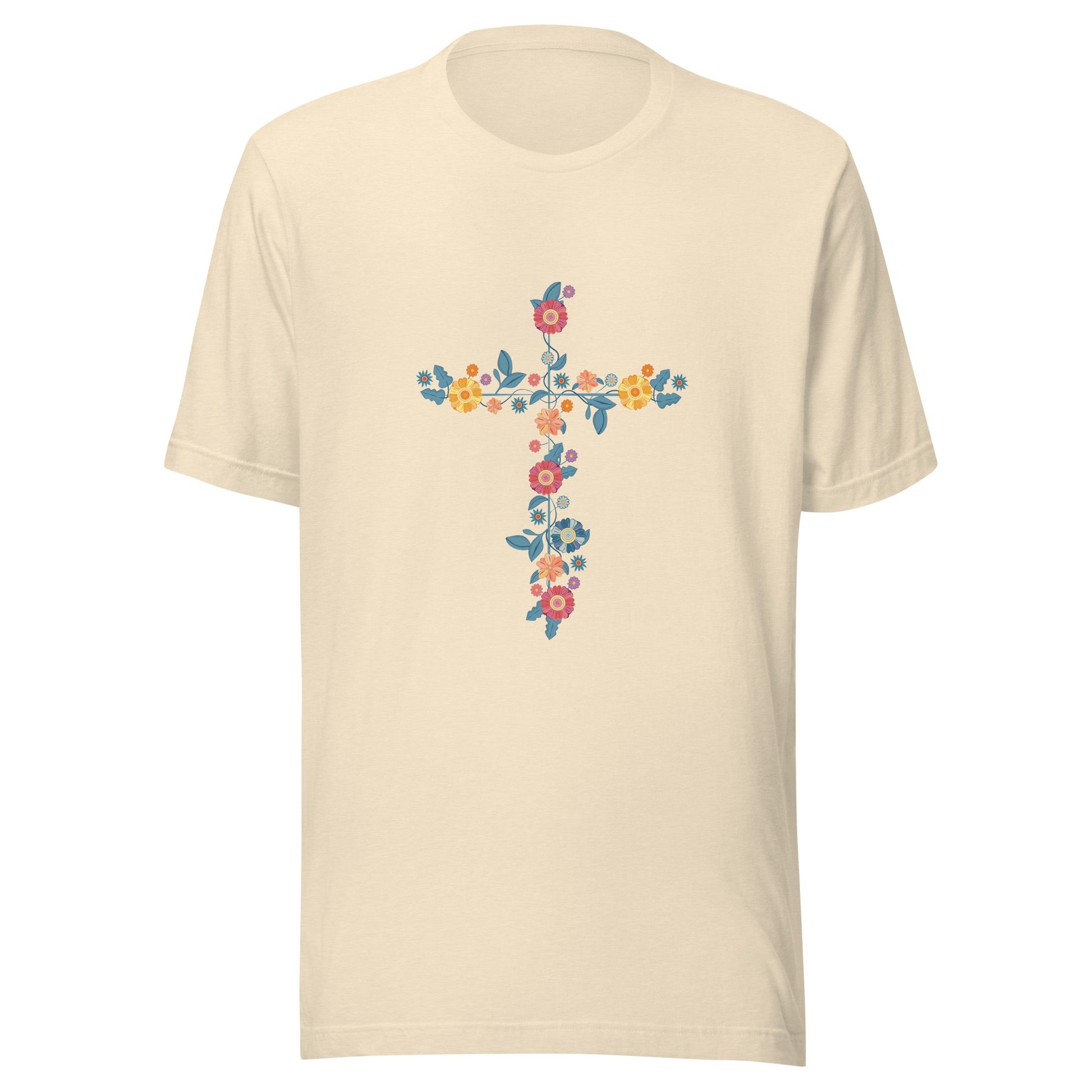 Heather natural unisex short sleeve t-shirt that has a multi-colored delicate floral cross.