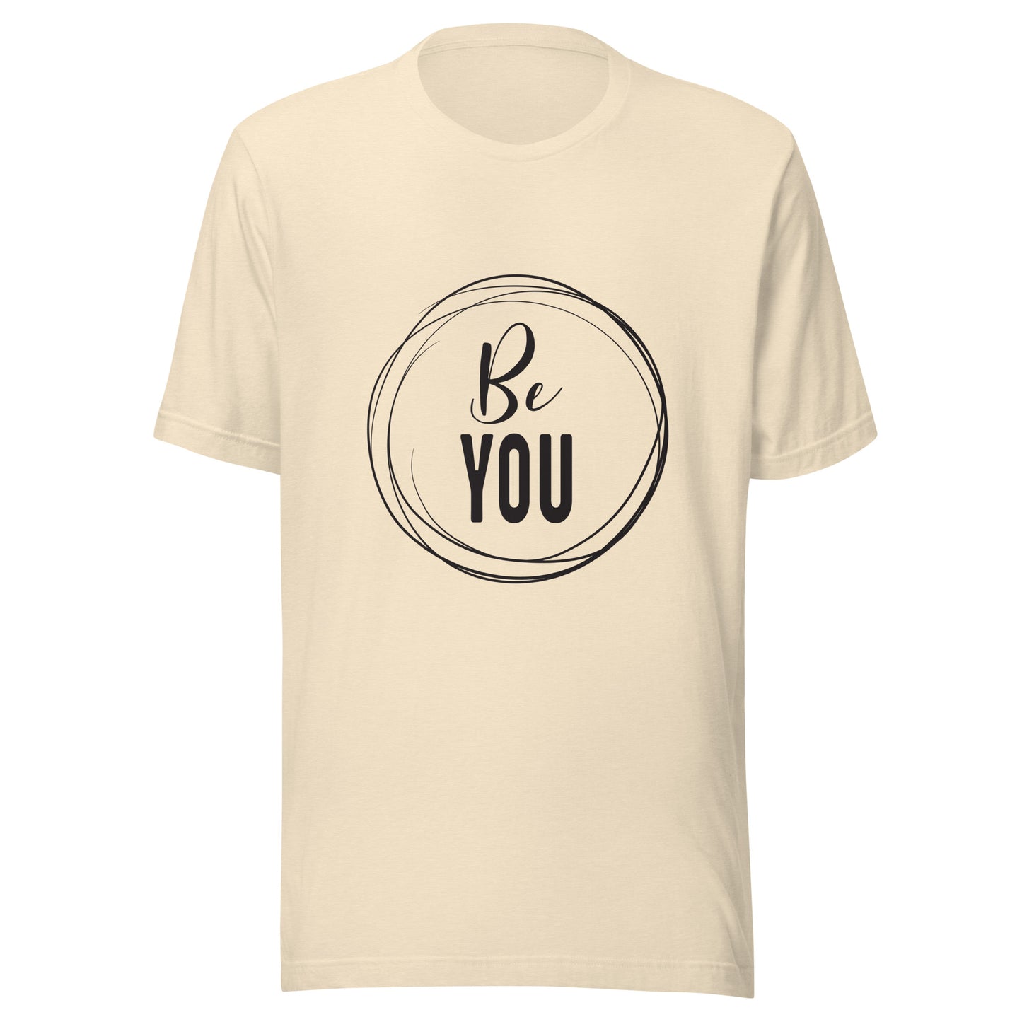 Heather natural unisex short sleeve t-shirt that says 'Be you' inside of a circle.