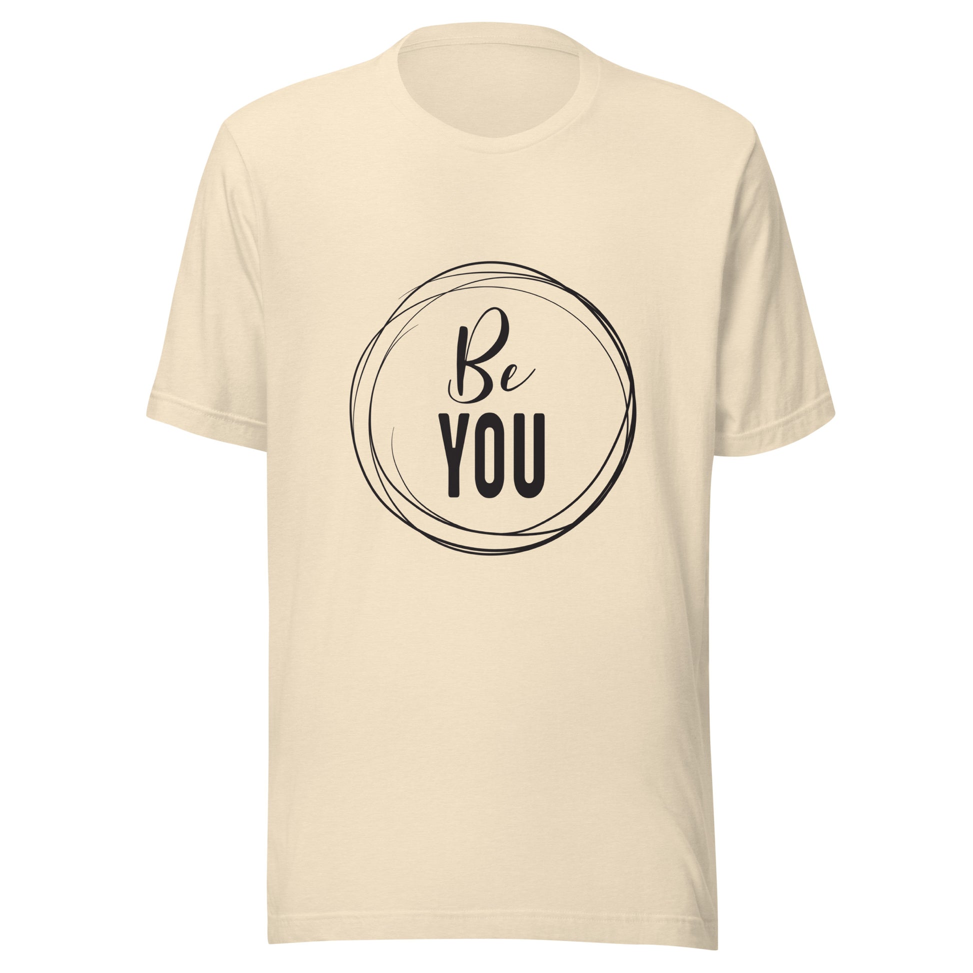 Heather natural unisex short sleeve t-shirt that says 'Be you' inside of a circle.