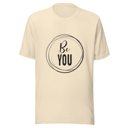 Heather natural unisex short sleeve t-shirt that says 'Be you' inside of a circle.
