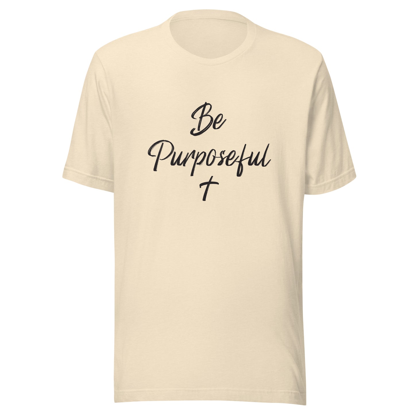 Heather natural unisex short sleeve t-shirt that says Be Purposeful with a Christian cross under it.
