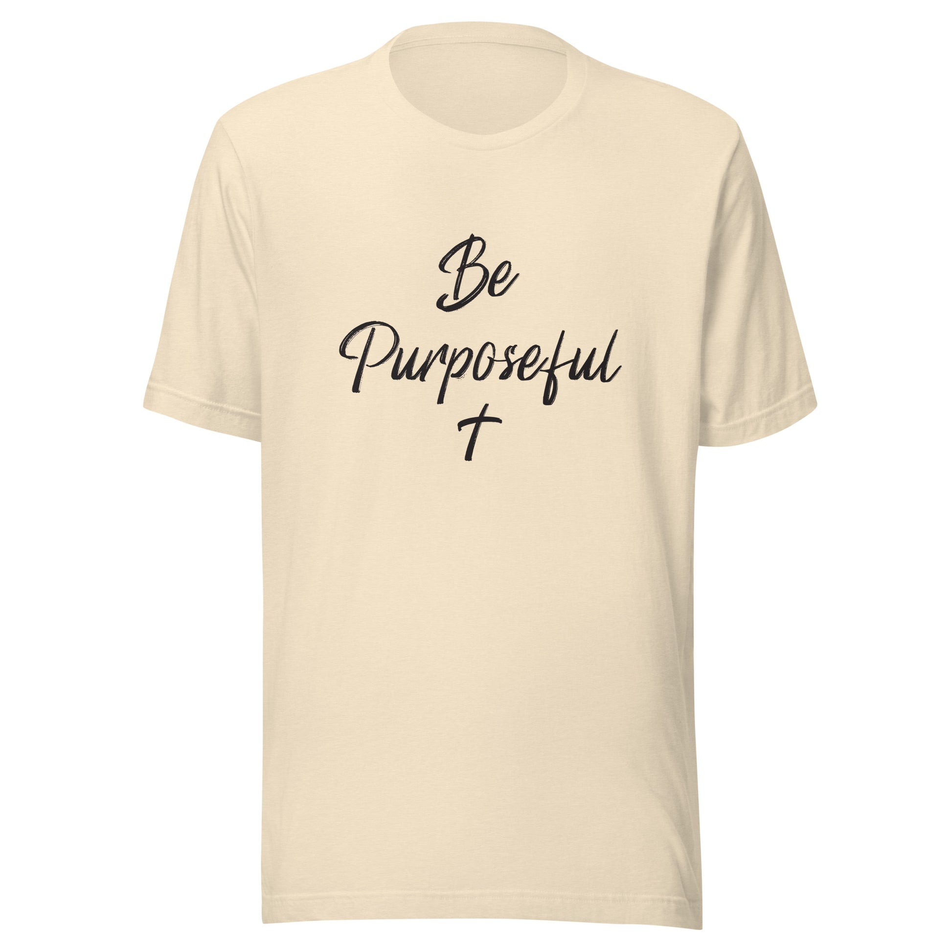 Heather natural unisex short sleeve t-shirt that says Be Purposeful with a Christian cross under it.