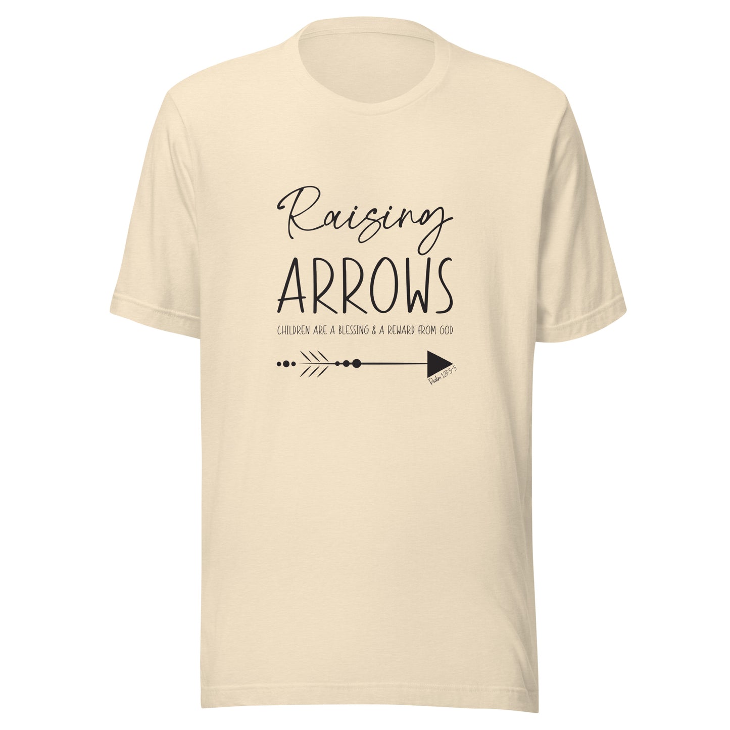 Natural heather unisex short sleeve t-shirt that says Raising arrows and Psalm 127:3 written above a single arrow.