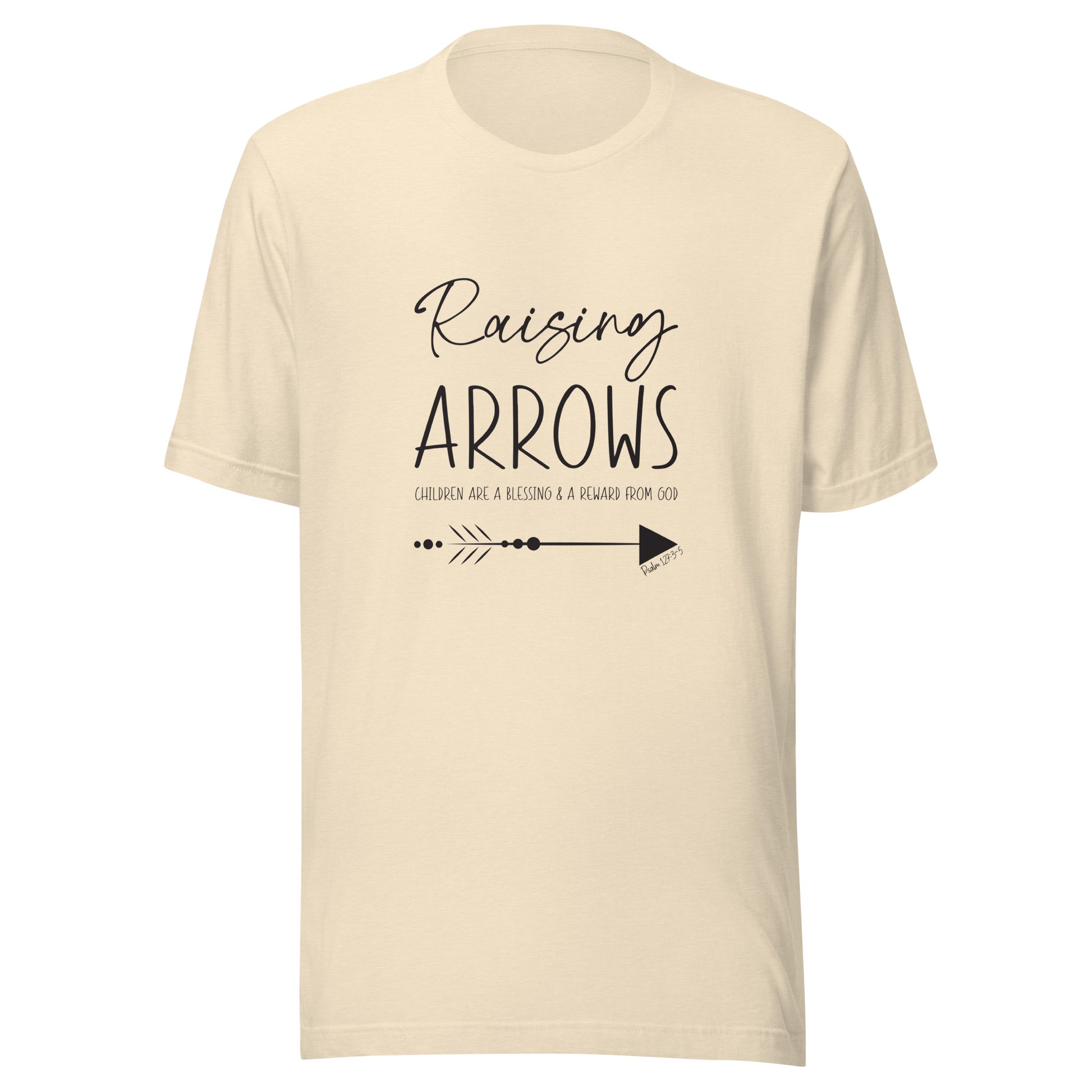 Natural heather unisex short sleeve t-shirt that says Raising arrows and Psalm 127:3 written above a single arrow.