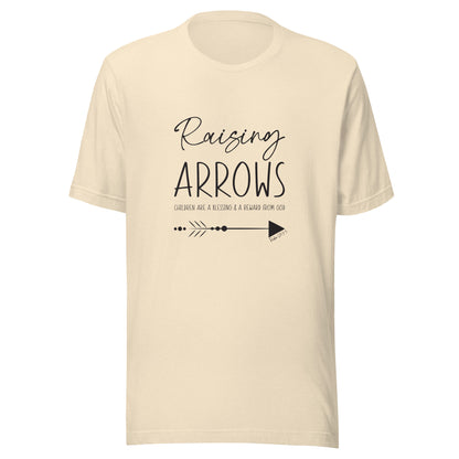 Natural heather unisex short sleeve t-shirt that says Raising arrows and Psalm 127:3 written above a single arrow.