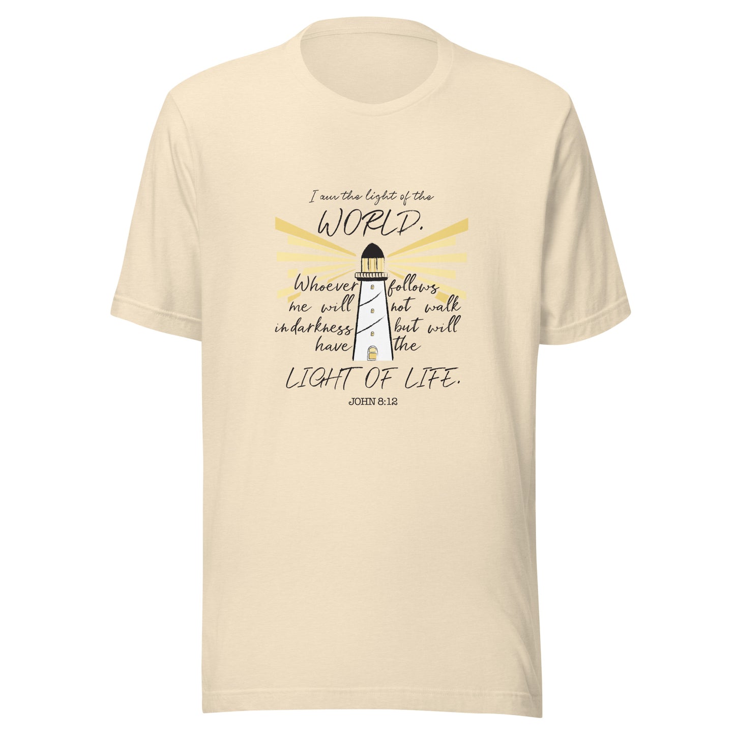 Heather natural unisex short sleeve t-shirt that has John 8:12 scripture featuring a light house with light rays coming from it. 