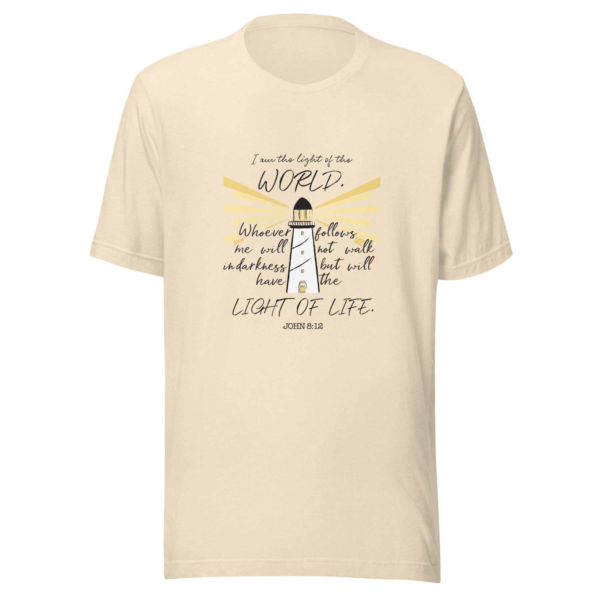 Heather natural unisex short sleeve t-shirt that has John 8:12 scripture featuring a light house with light rays coming from it. 