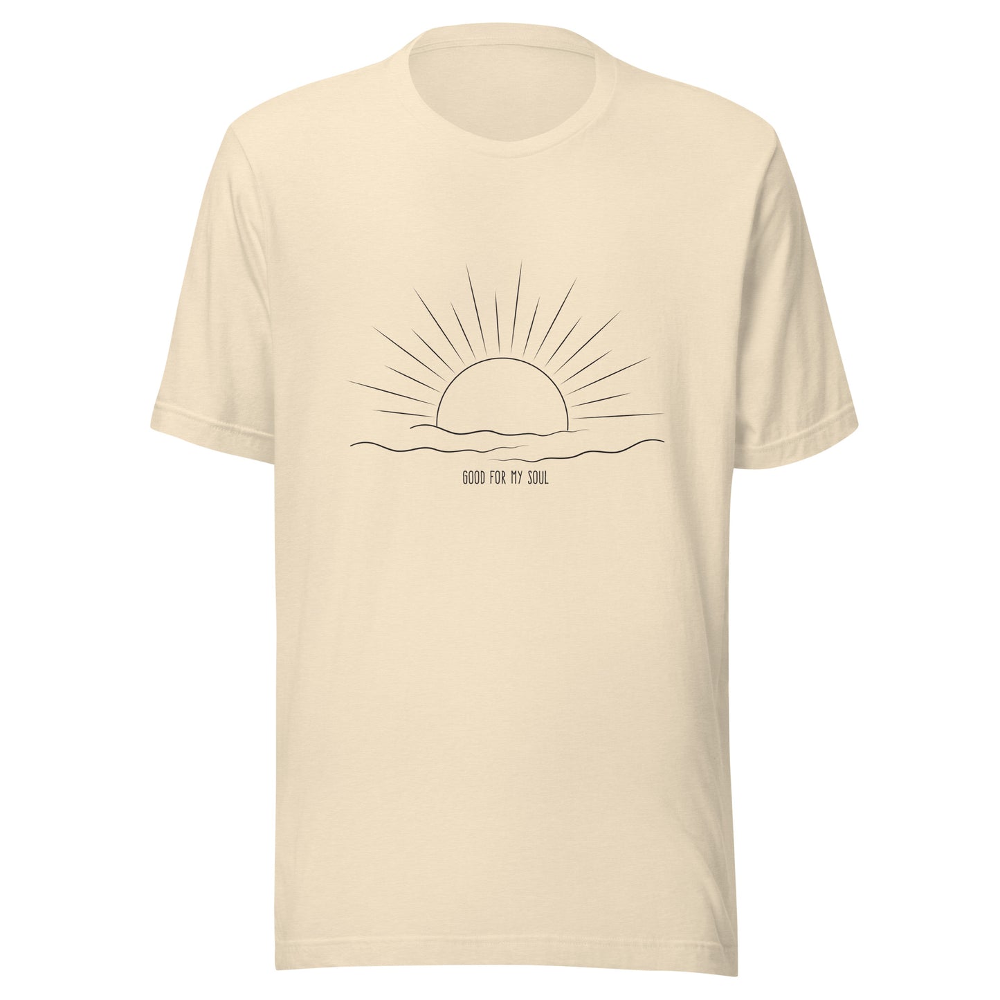 Heather natural unisex short sleeve t-shirt that states 'Good for my soul' with a sunsetting above the words all in black color.