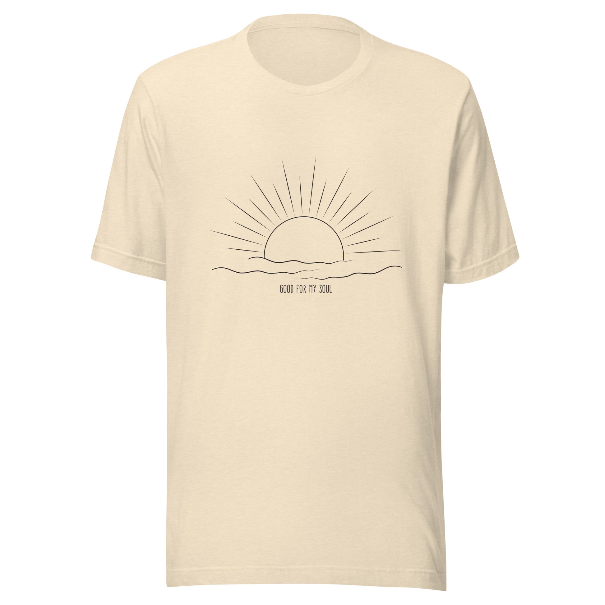 Heather natural unisex short sleeve t-shirt that states 'Good for my soul' with a sunsetting above the words all in black color.
