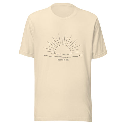 Heather natural unisex short sleeve t-shirt that states 'Good for my soul' with a sunsetting above the words all in black color.