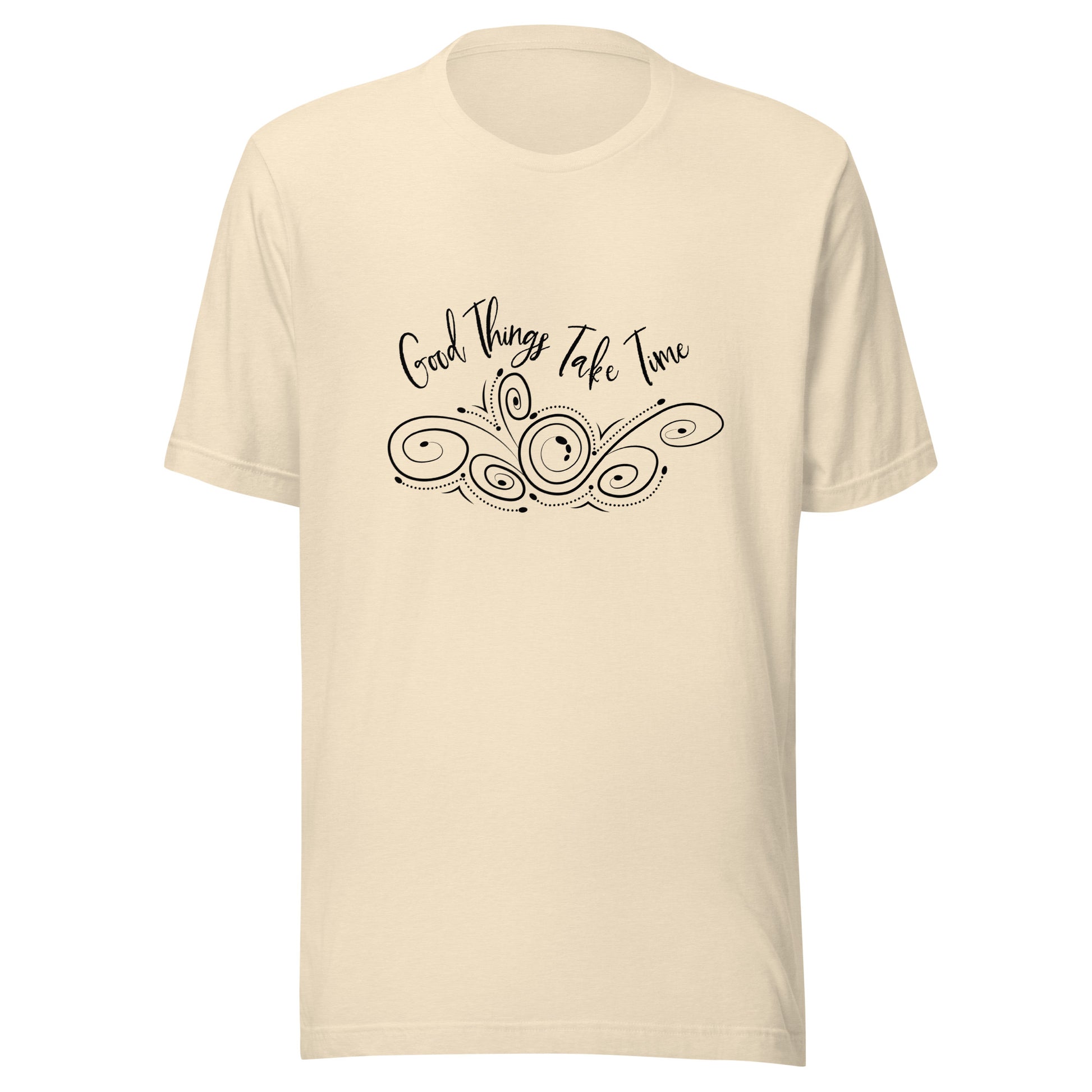 Heather natural unisex short sleeve t-shirt that states 'Good things take time' above a swirly design.