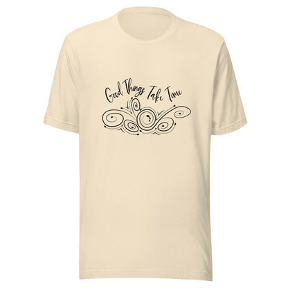 Heather natural unisex short sleeve t-shirt that states 'Good things take time' above a swirly design.