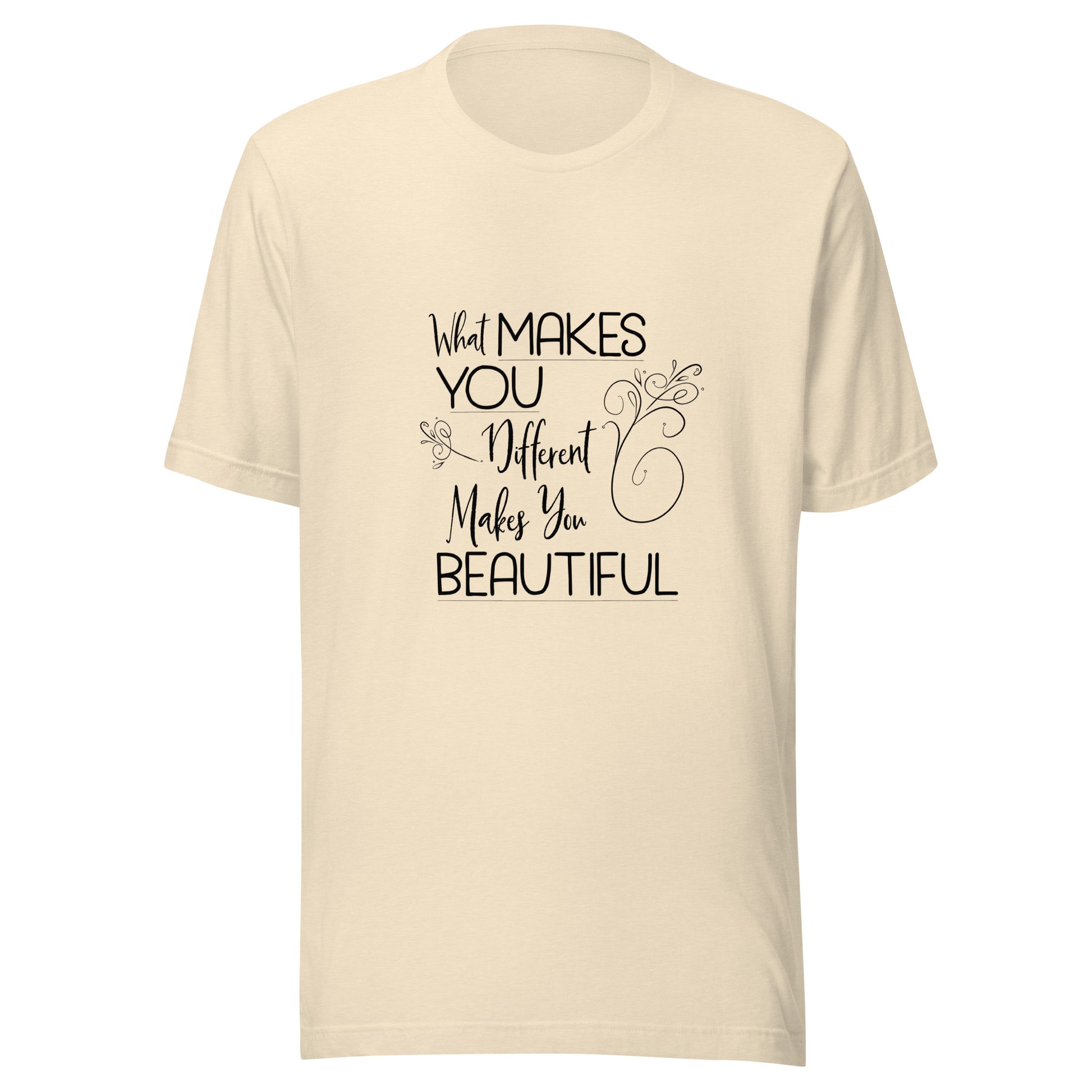 Heather natural  unisex short sleeve t-shirt that states 'What makes you different makes you beautiful'.