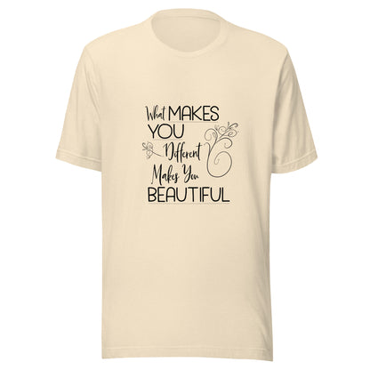 Heather natural  unisex short sleeve t-shirt that states 'What makes you different makes you beautiful'.