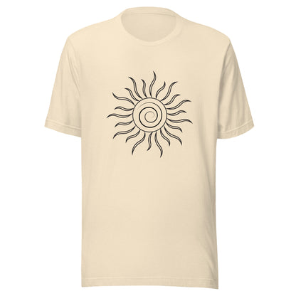Heather natural unisex short sleeve t-shirt with spiral sun and black fiery looking rays all black ink.