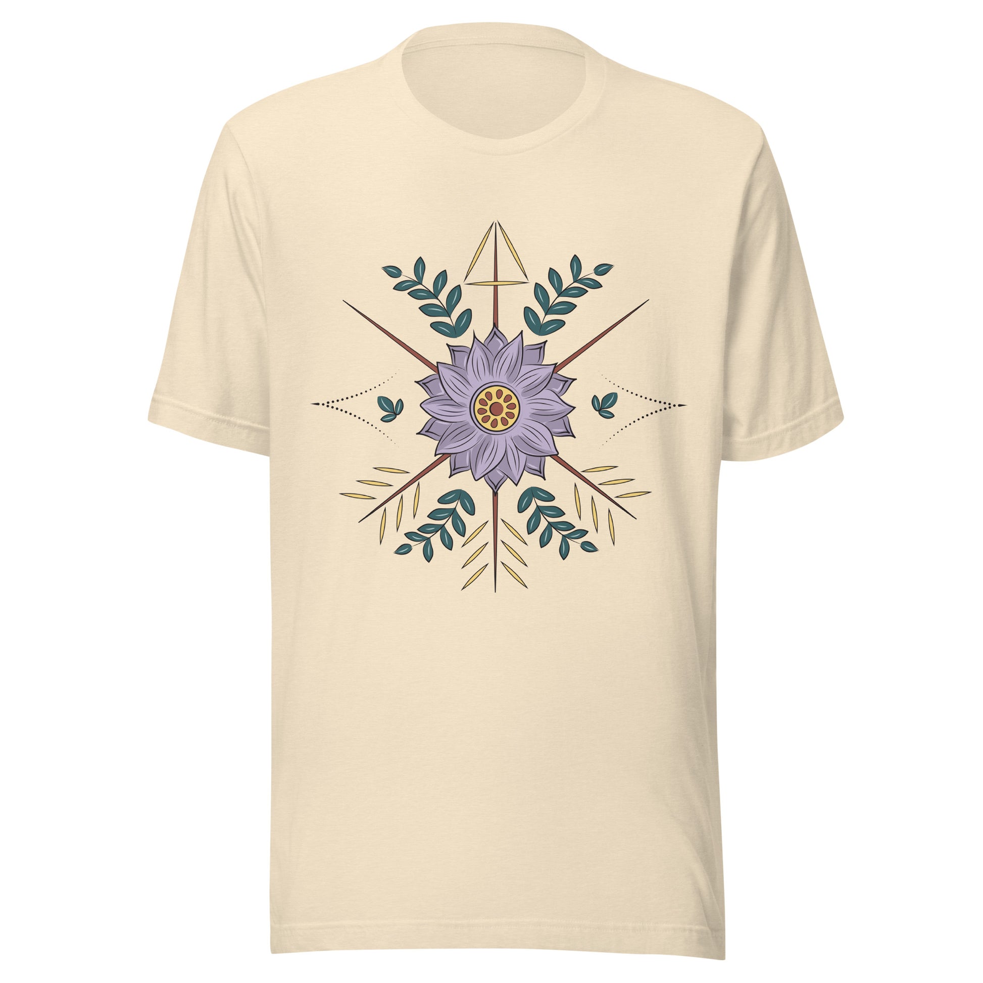 Heather natural unisex short sleeve t-shirt with a purple flower with arrow surrounding it.