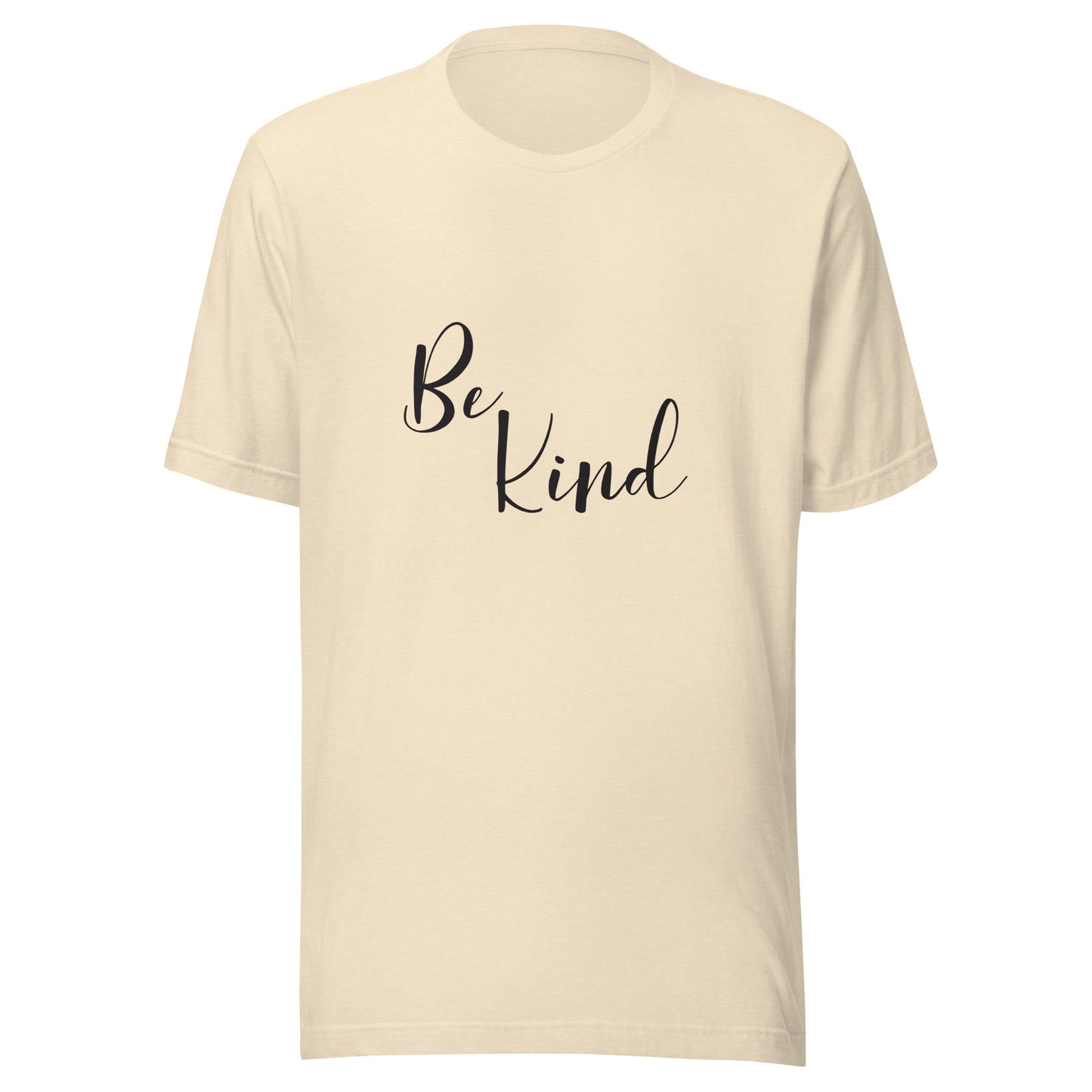Heather natural unisex short sleeve t-shirt that says 'Be Kind'.